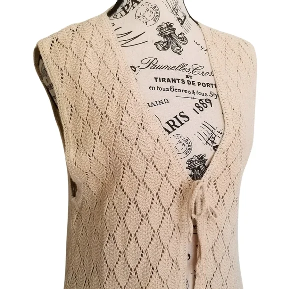 Vintage 90s Cream Ramie & Cotton Knit Beige Front Tie Duster S/M - Picture 5 of 6